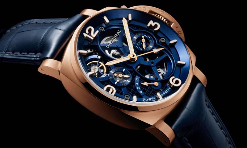 華麗撞色!紅金殼配鍍藍面|Panerai Luminor陀飛輪兩地時間紅金腕表-PAM01060-復刻表