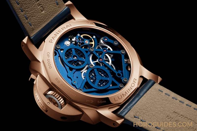 華麗撞色!紅金殼配鍍藍面|Panerai Luminor陀飛輪兩地時間紅金腕表-PAM01060-復刻表