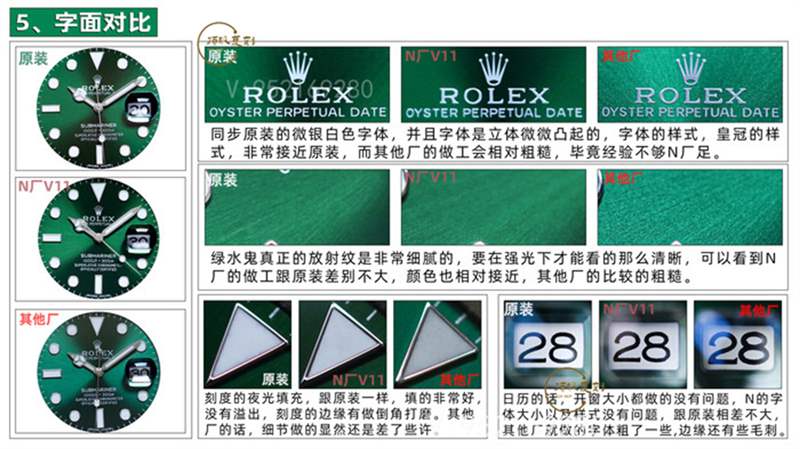N廠復刻V11升級版勞力士綠水鬼對比正品及市場版本評測-復刻表