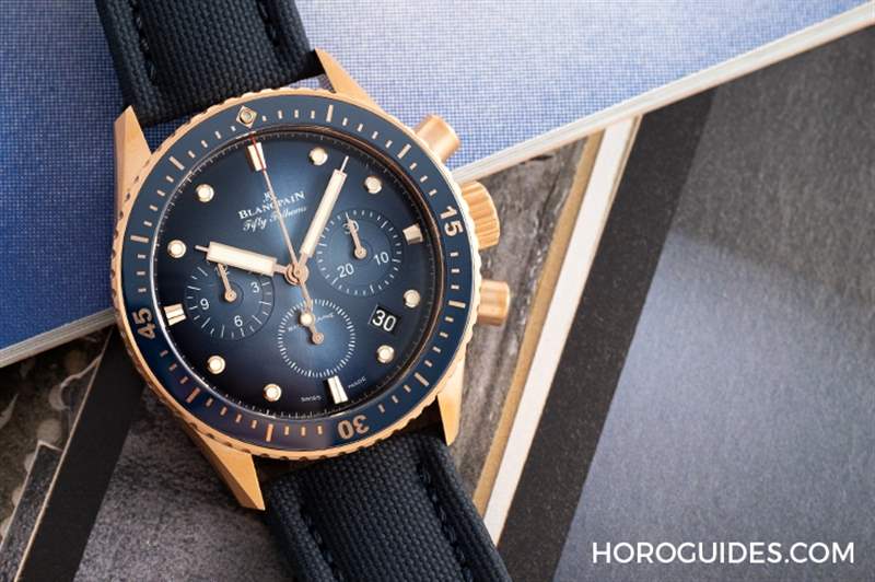 18K紅金藍面、23級鈦灰面,Blancpain五十噚深潛器飛返計時碼表兩款延伸新作-復刻表