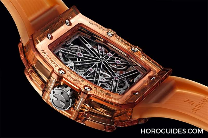 高透光冰橙色!Hublot Spirit of Big Bang冰橙藍(lán)寶石陀飛輪五日鏈腕表-復(fù)刻表