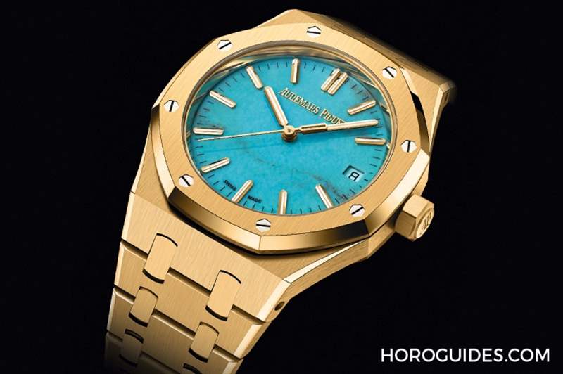 愛彼Royal Oak皇家橡樹自動上鏈腕表，黃金表殼搭配天然綠松石表面-復刻表