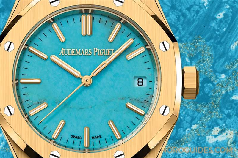 愛彼Royal Oak皇家橡樹自動上鏈腕表，黃金表殼搭配天然綠松石表面-復刻表