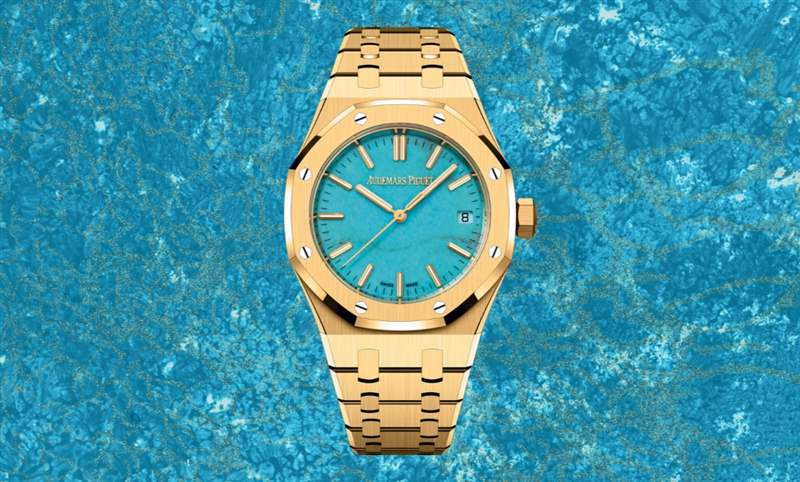 愛彼Royal Oak皇家橡樹自動上鏈腕表，黃金表殼搭配天然綠松石表面-復刻表
